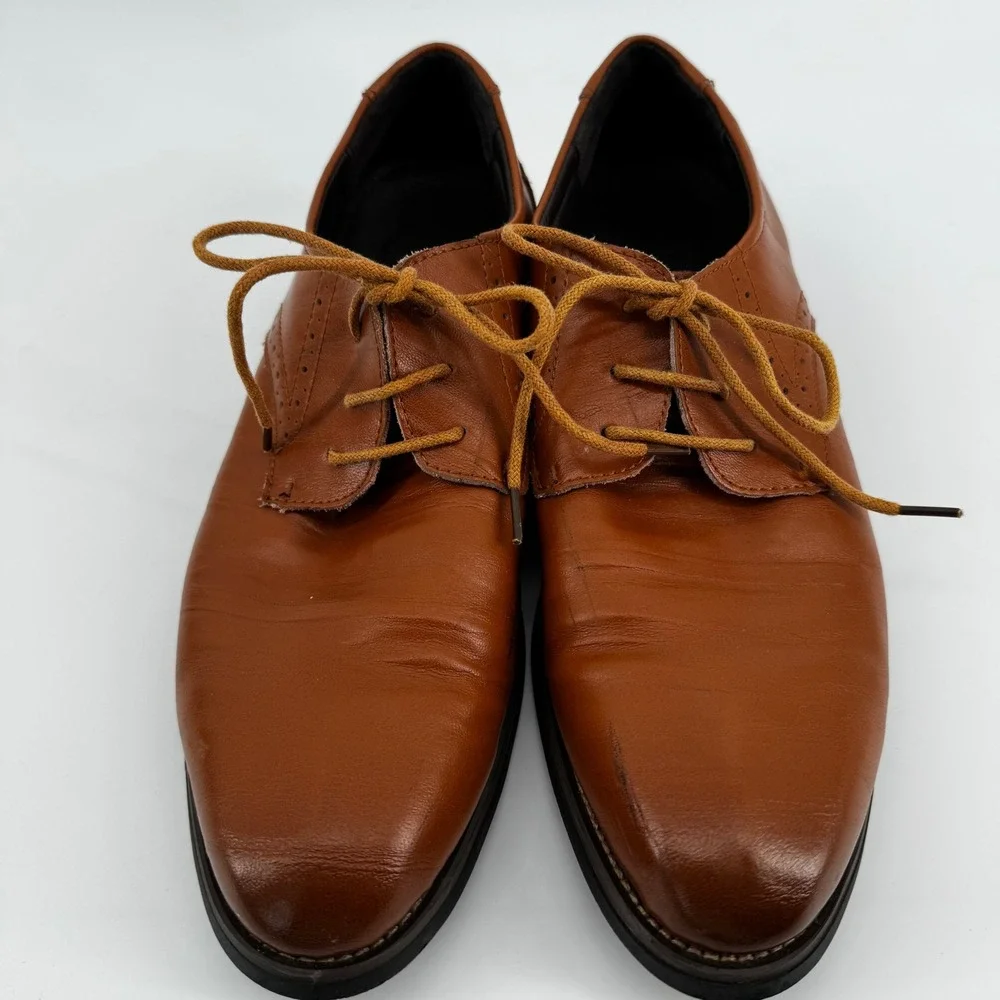 Tan Leather Derby Dress Shoes Almond Toe Brogue Detail Mens Size 245 /US 6.5